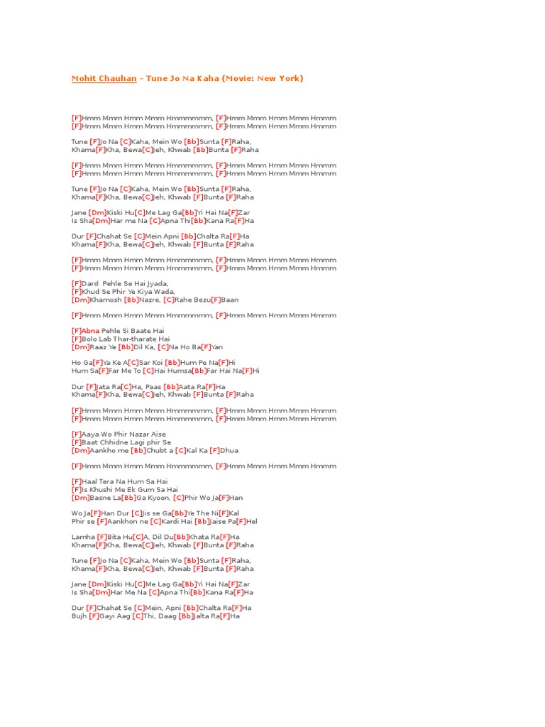 Tune Jo Na Kaha - Guitar Chords and Lyrics