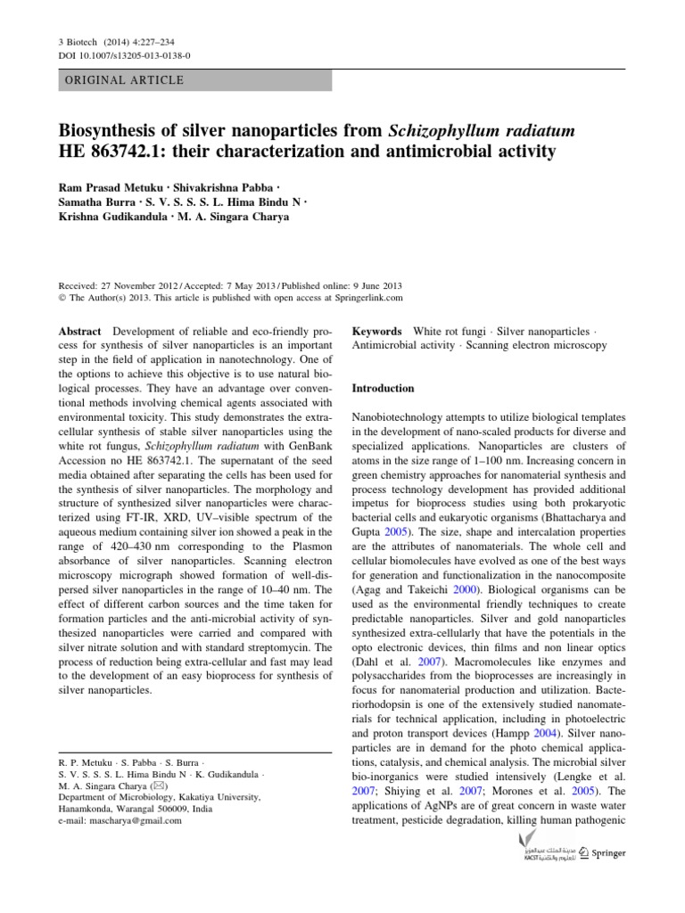 Silver Nanoparticles from Schizophyllum Radiatum | PDF | Nanoparticle ...