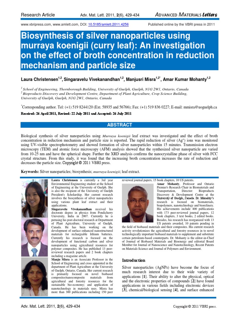Biosynthesis of Silver Nanoparticles Using Murraya Koenigii (Curry Leaf ...