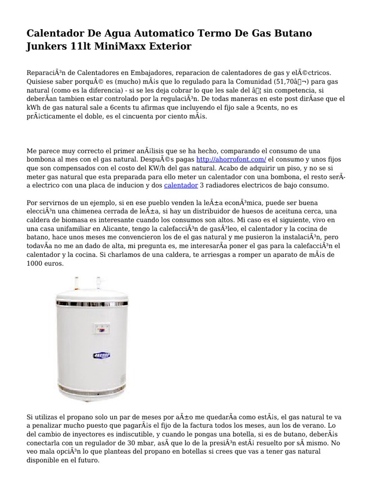 Calentador de Agua Automatico Termo de Gas Butano Junkers 11lt MiniMaxx  Exterior, PDF, Energía y recursos
