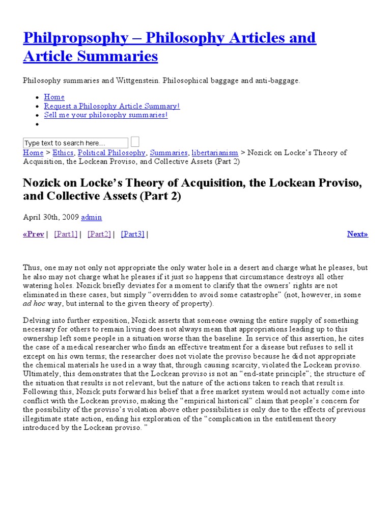 Nozick On Locke's Theory of Acquisition, The Lockean Proviso, and