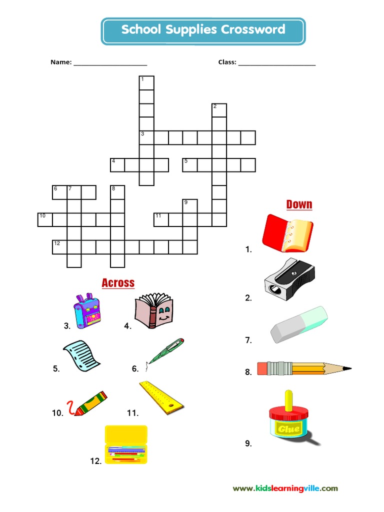 School Supplies Crossword PDF
