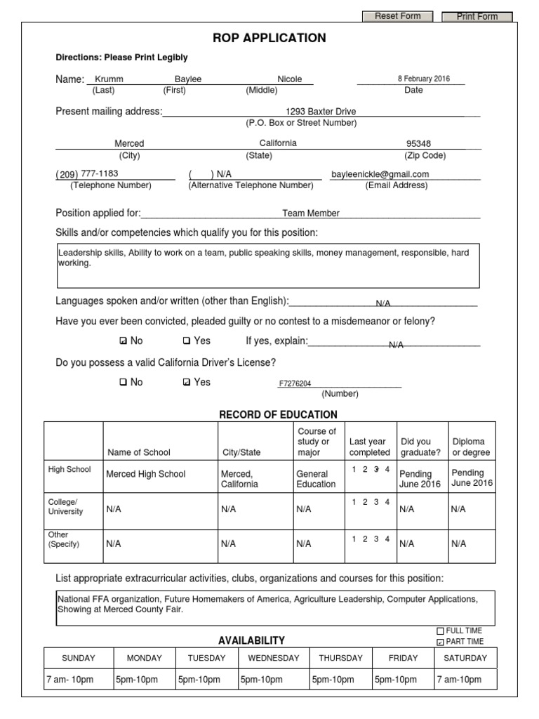 Rop Job Application With Availability Fillable For Website | PDF ...
