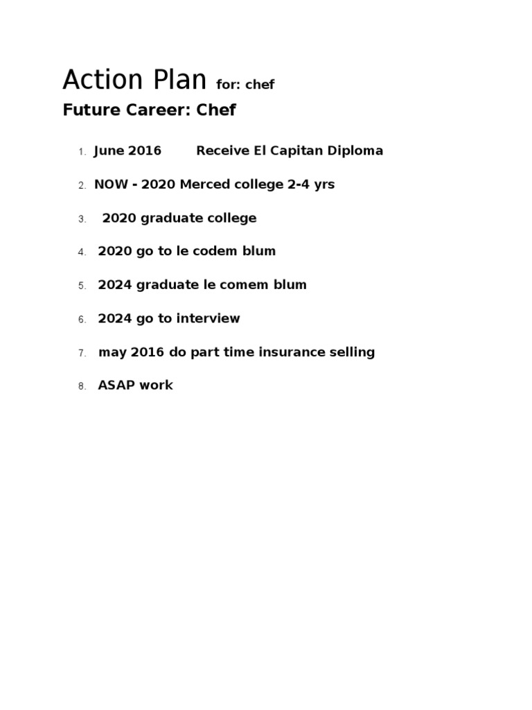 Chef Career Action Plan Steps | PDF