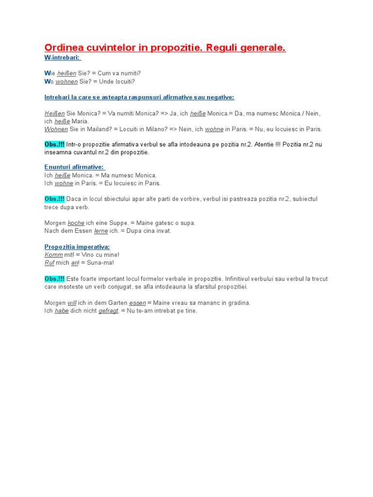 Ordinea Cuvintelor In Propozitie