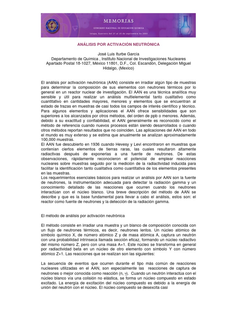 Analisis Por Activacion Neutronica PDF Desintegración radioactiva