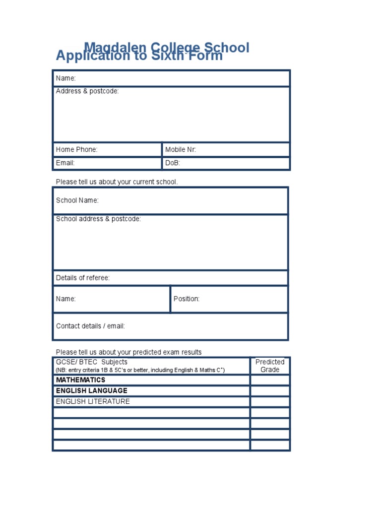 Sixth Form Application Form MCS | PDF