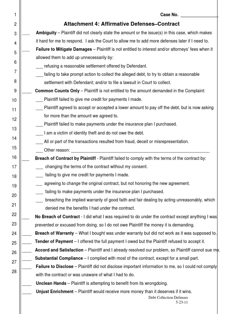 Attachment 4: Affirmative Defenses-Contract: Case No. | PDF | Breach Of ...