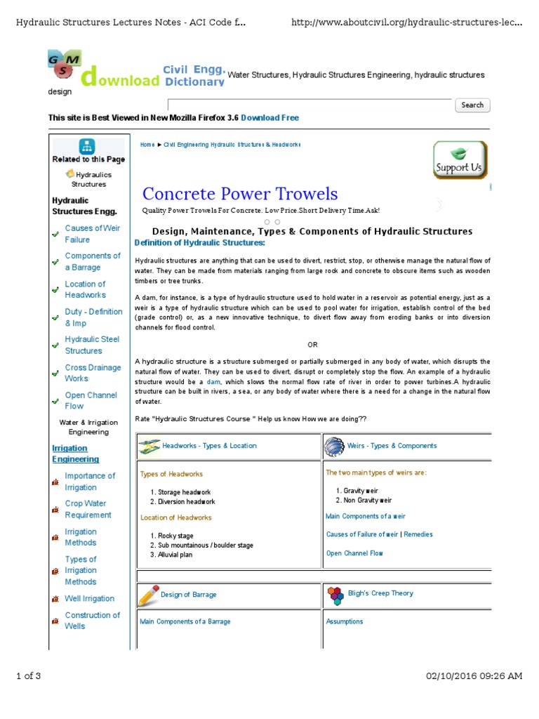 Design, Maintenance, Types & Components of Hydraulic Structures PDF Hydroelectricity