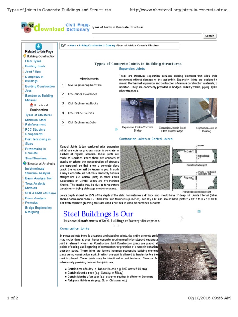 Types of Concrete Joints in Building Structures Concrete