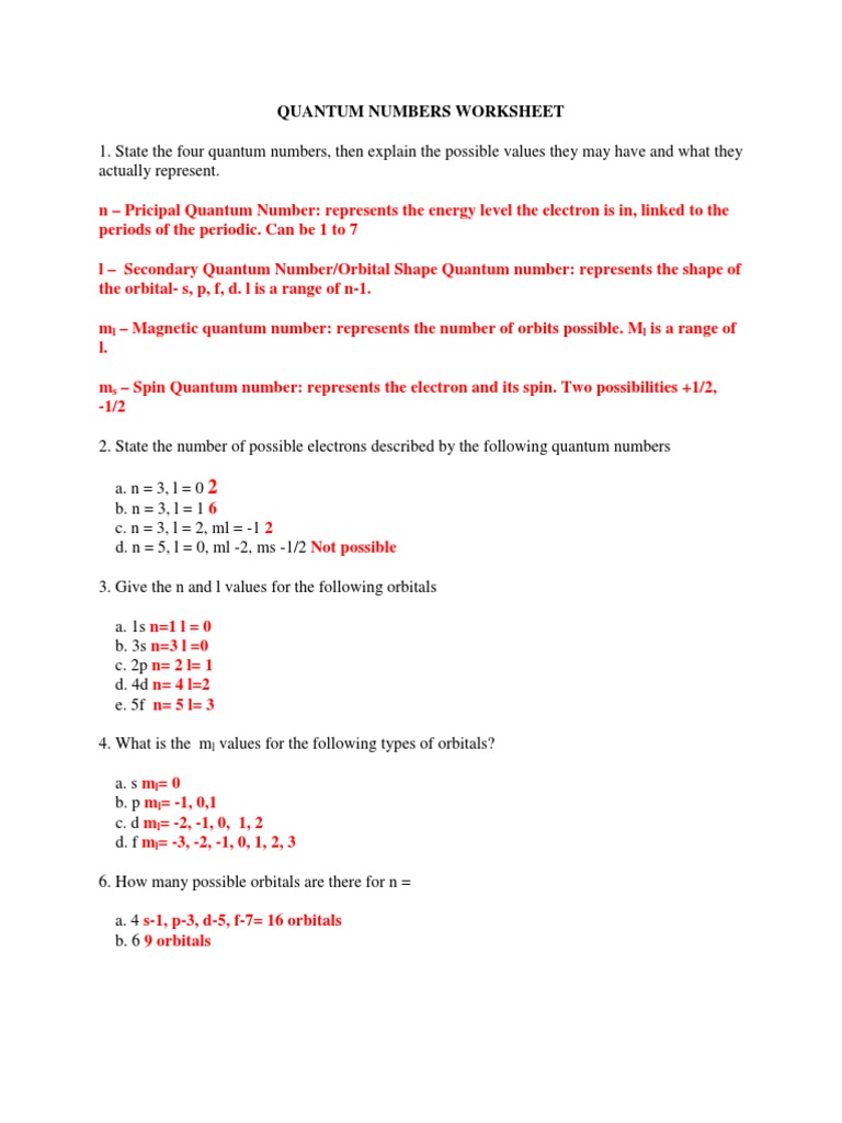 Quantum Numbers Worksheet | Atomic Orbital | Electron Configuration