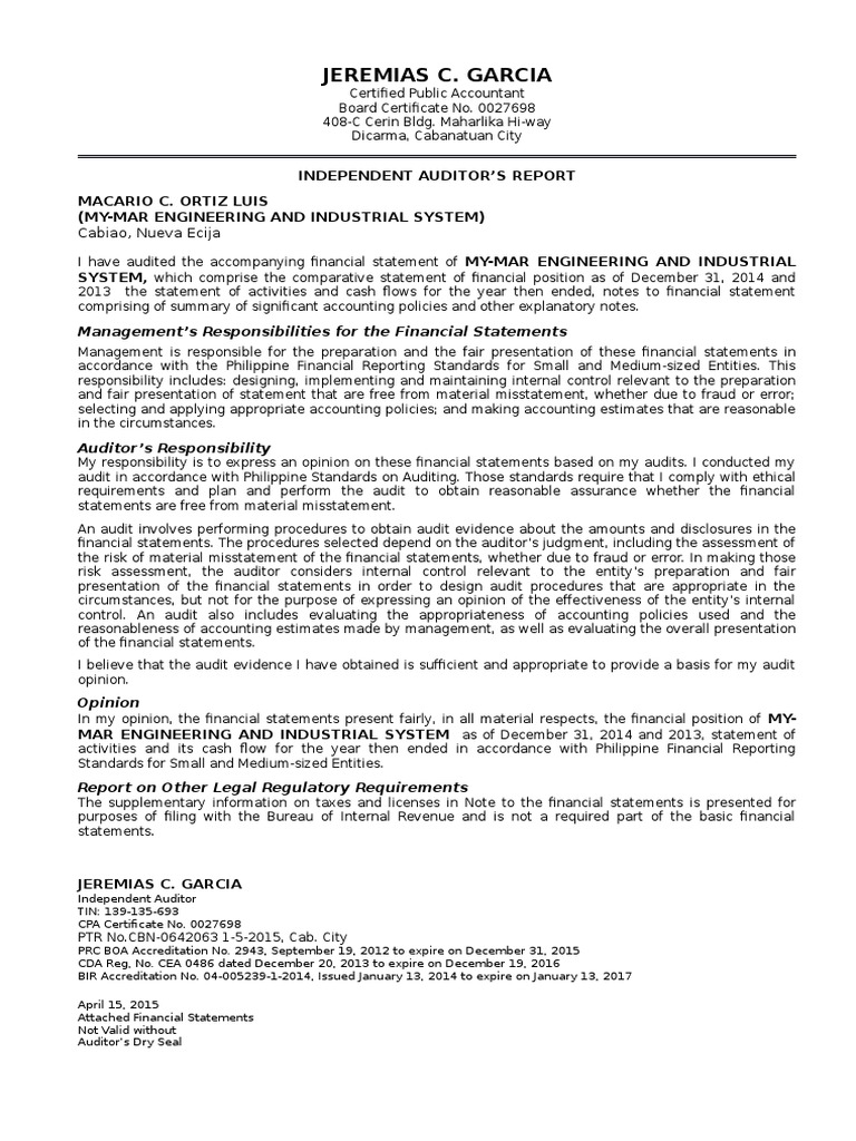 Audit Report Format For Individual Pdf Financial Audit Auditor S Report