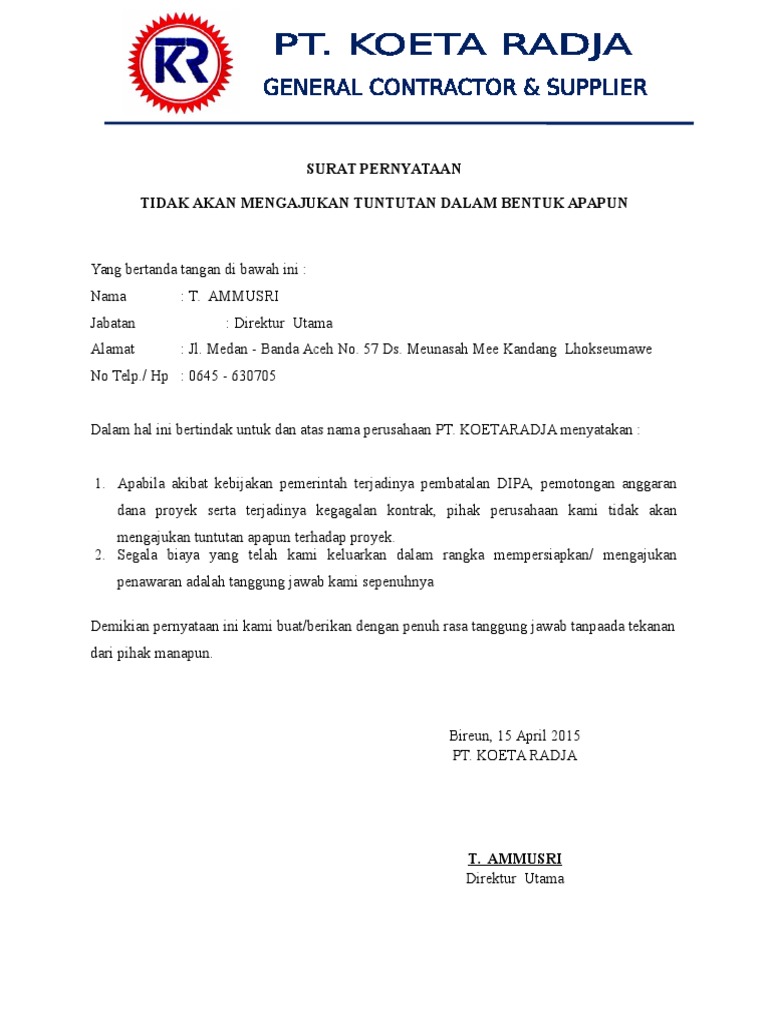 Surat Pernyataan Tidak Menuntut