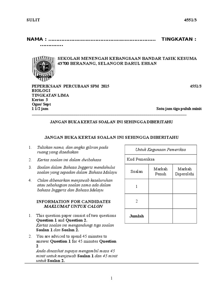 Format Soalan Peperiksaan Biologi Tingkatan 4 Kertas 3