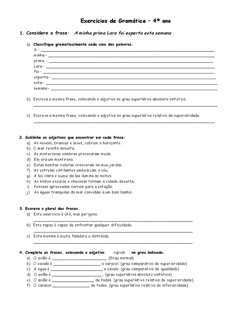 Exercícios De Gramática 4 Ano Com Gabarito
