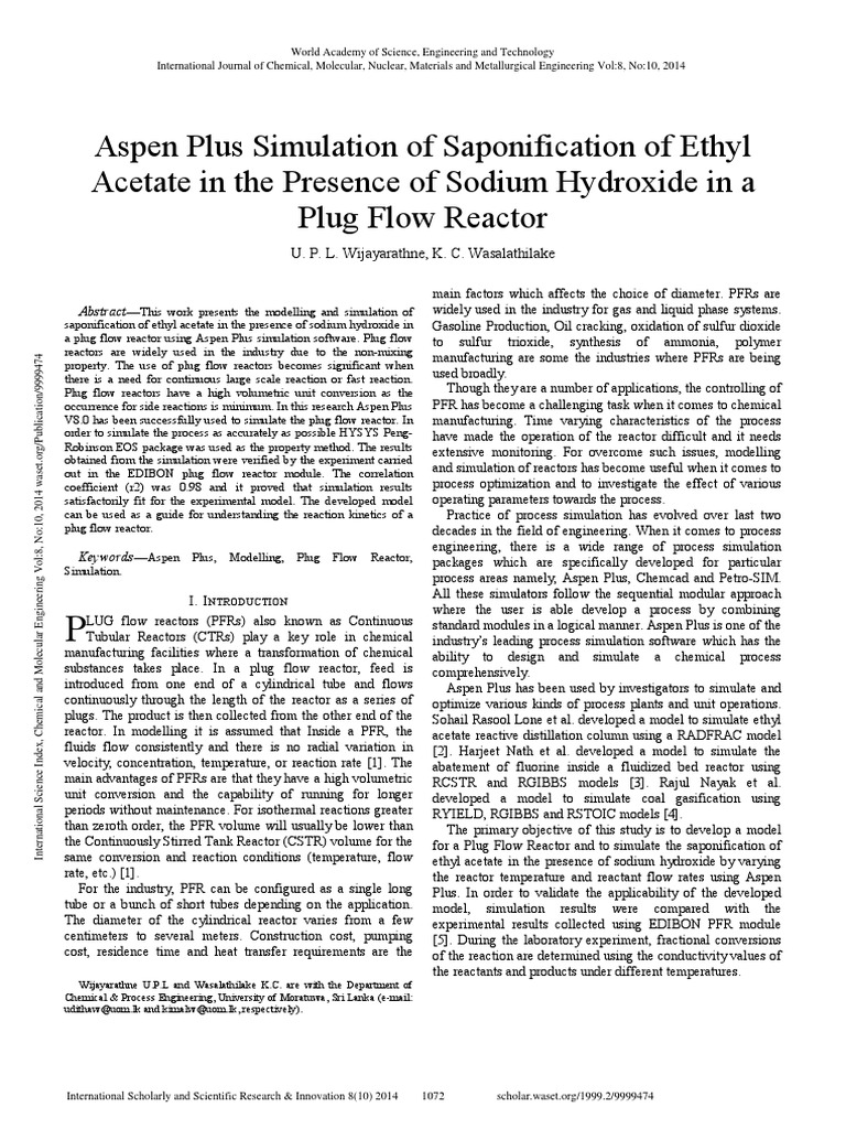 Aspen Plus Simulation of Saponification of Ethyl Acetate ...
