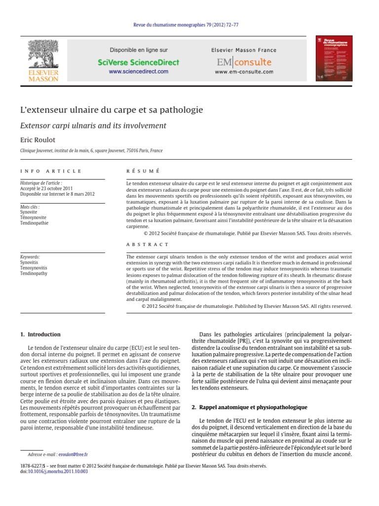 L'extenseur ulnaire du carpe et sa pathologie - ScienceDirect