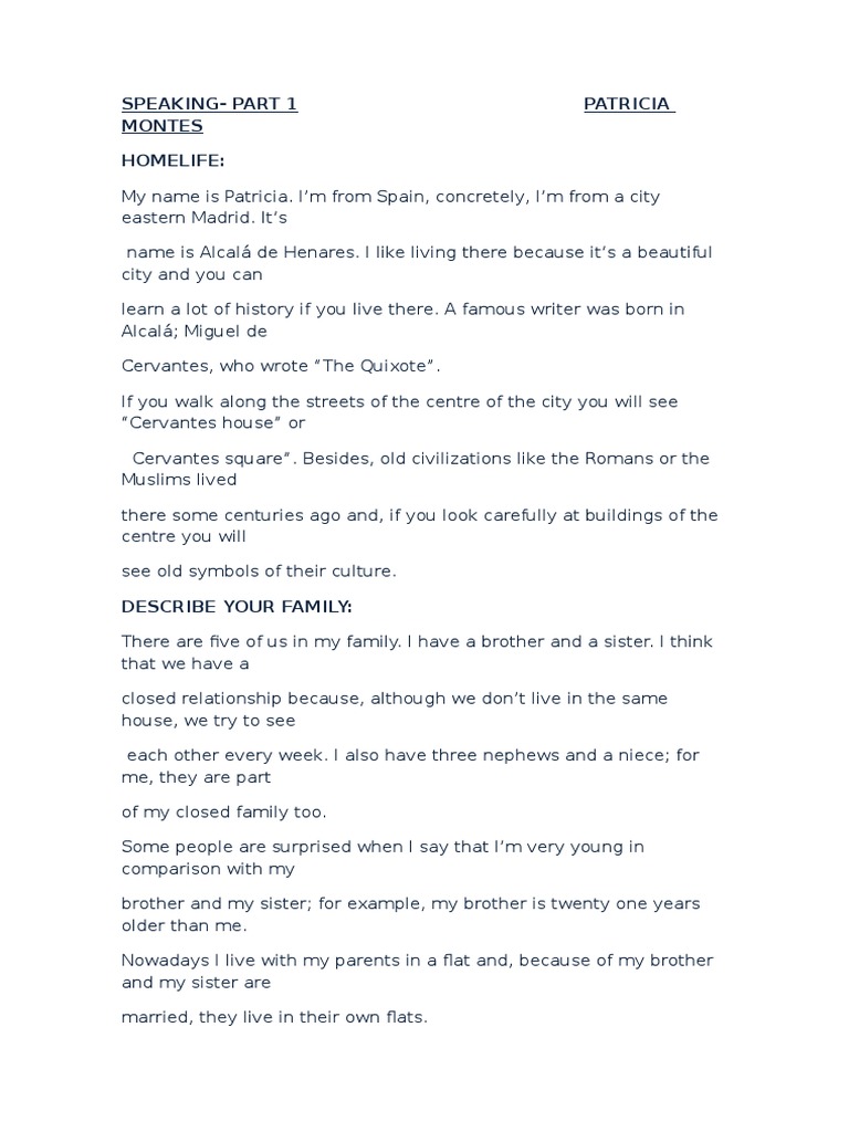 Speaking-Part 1 Patricia Montes Homelife | PDF | Miguel De Cervantes ...