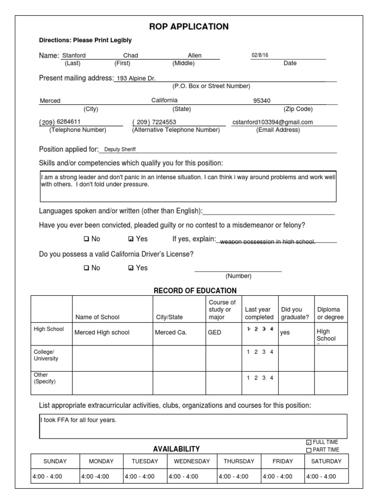 Rop Job Application With Availability Fillable For Website | PDF
