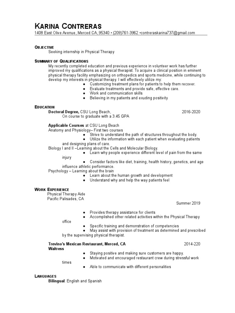Internship Resume: Physical Therapy Candidate | PDF
