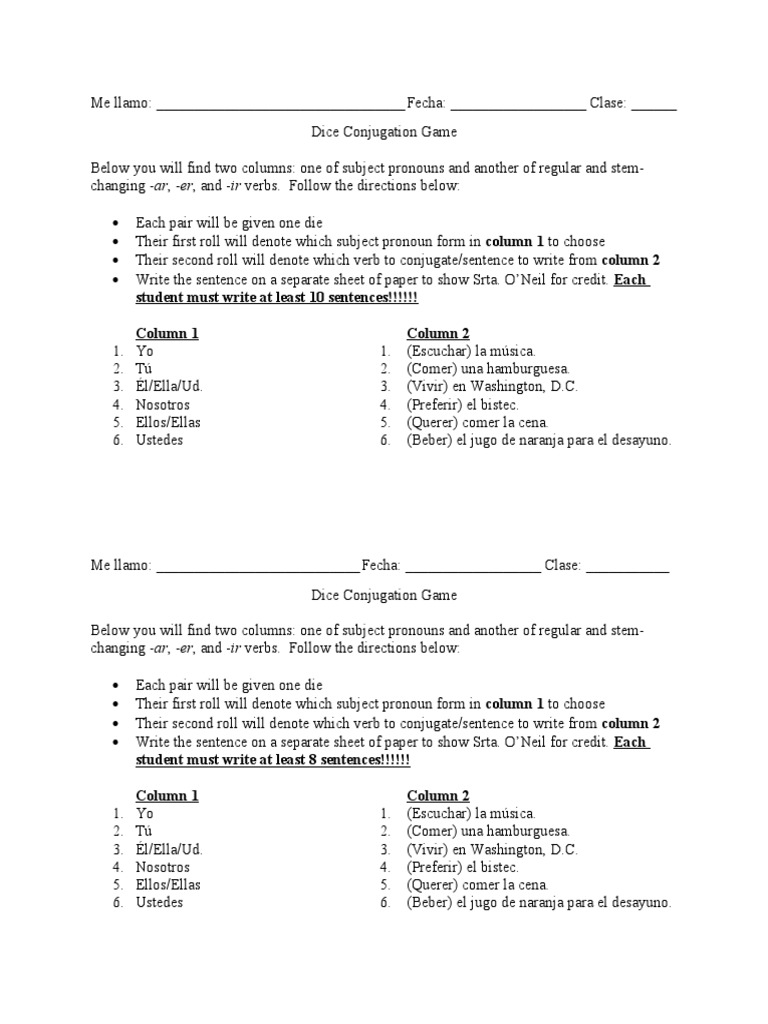 Dice Conjugation Game (AR, ER, & IR Verbs) PDF