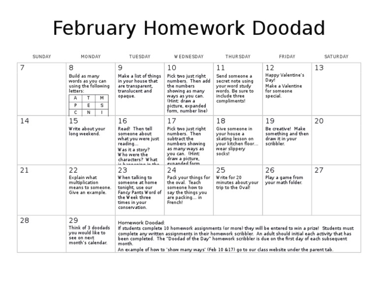 February Homework Activities Guide | PDF