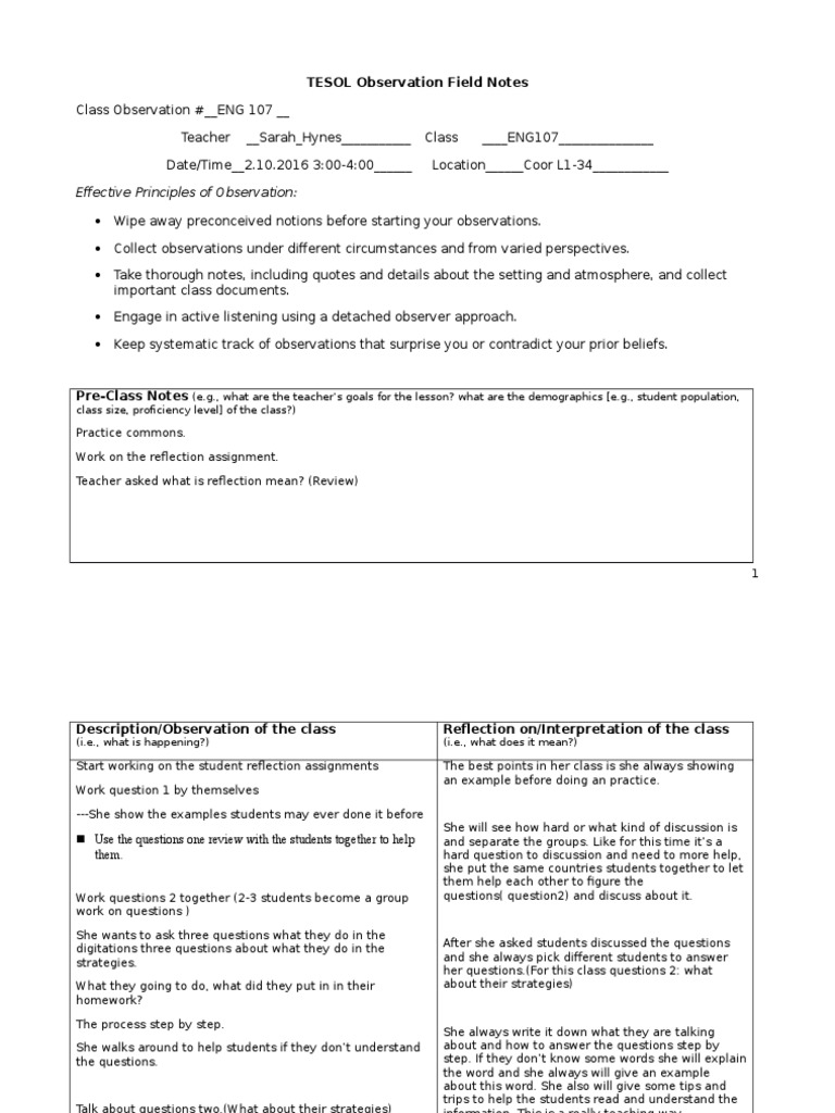 Eng 107 2 10 2016tesol Observation Field Notes | PDF | Psychological ...
