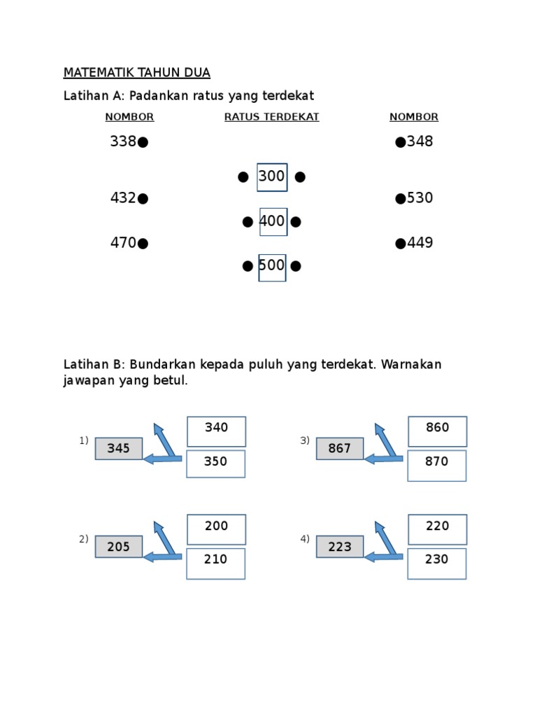 Latihan Pengukuhan Matematik Tahun 2 Bundarkan Puluh Terdekat Dan Ratus Terdekat