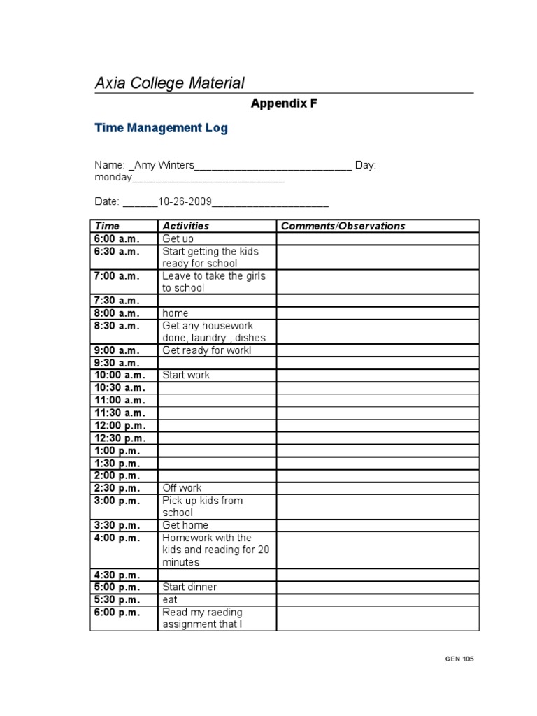 Time Management Log for Daily Activities | PDF