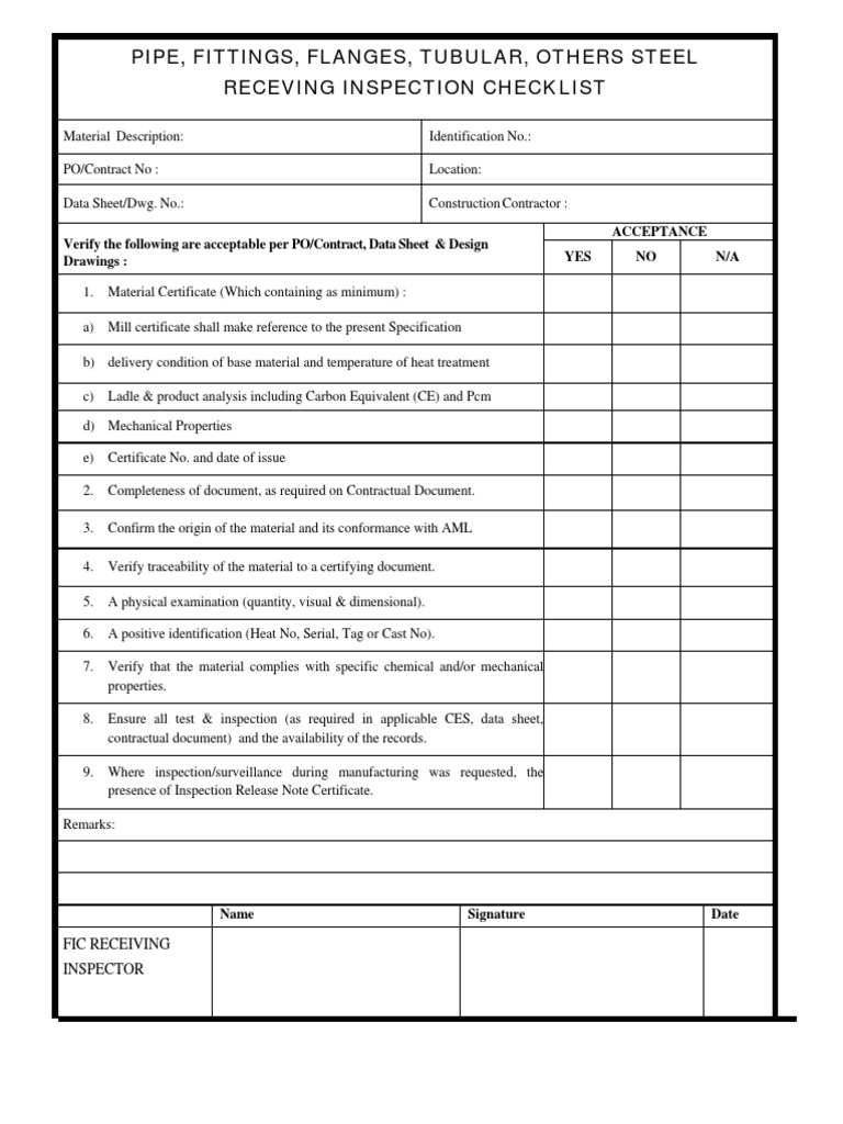 Steel Plate Receiving Inspection Checklist | PDF