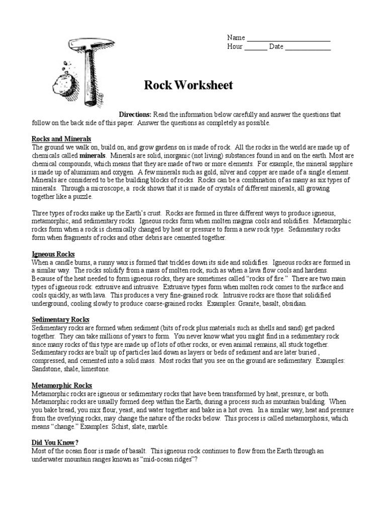 Rocks and Minerals Worksheet | PDF | Rock (Geology) | Igneous Rock