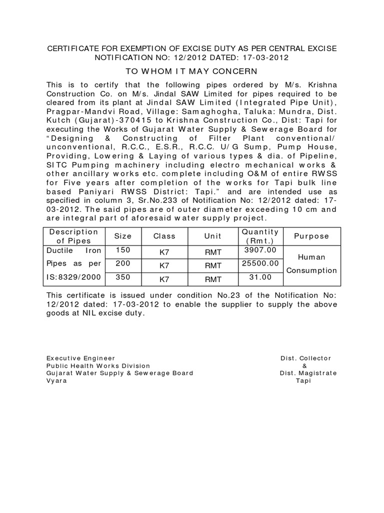 Excise Duty Exemption Certificate for Pipes | PDF
