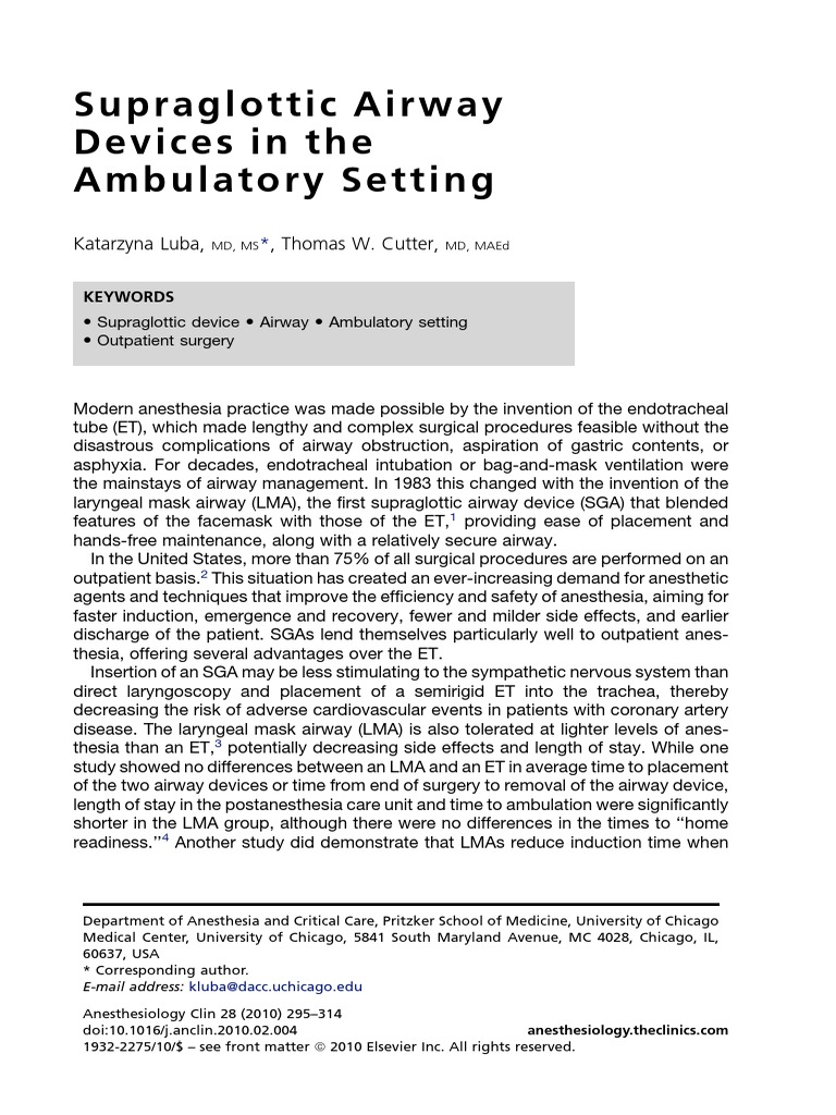 Supraglottic Airway Devices in Outpatient Surgery | PDF | Anesthesia ...