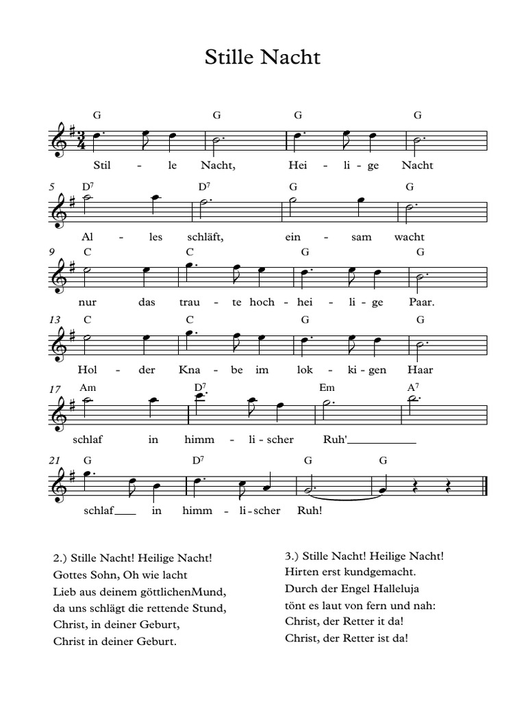 Stille Nacht G Dur Hoch 3 Strophen Mit Textblock Partitur