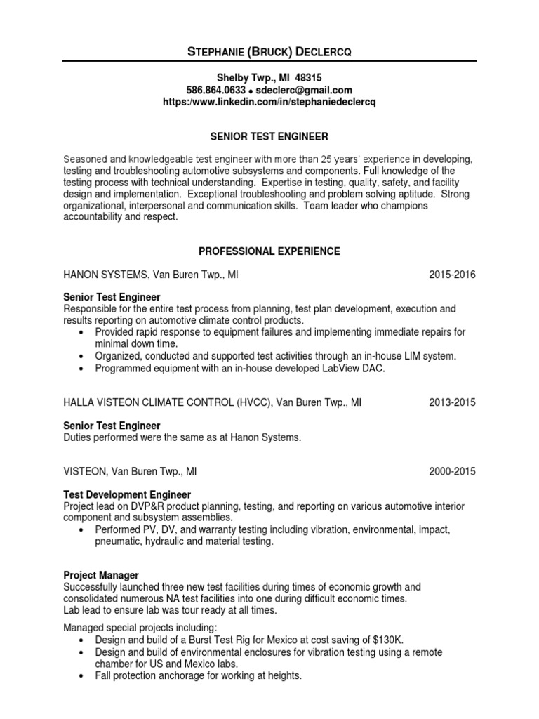 Automotive Product Test Engineer in Detroit MI Resume Stephanie