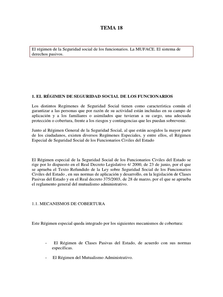 Tema 18 El Régimen de La Seguridad Social de Los Funcionarios. La