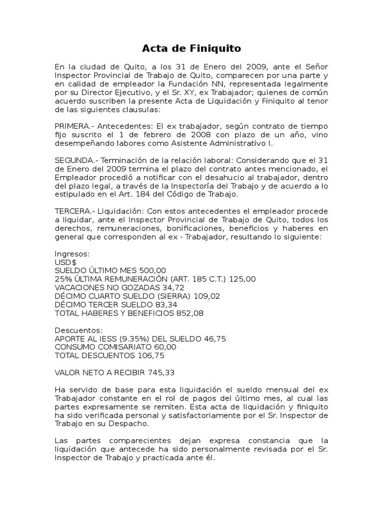 Acta de Finiquito Laboral en Ecuador | PDF | Salario | Justicia