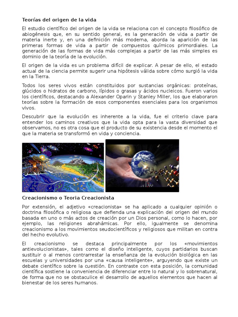 Teorías del Origen de la Vida y Creacionismo | PDF | Creacionismo ...
