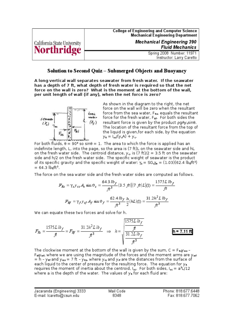 Fluid Mechanics: Buoyancy Quiz Solution | PDF | Buoyancy | Force