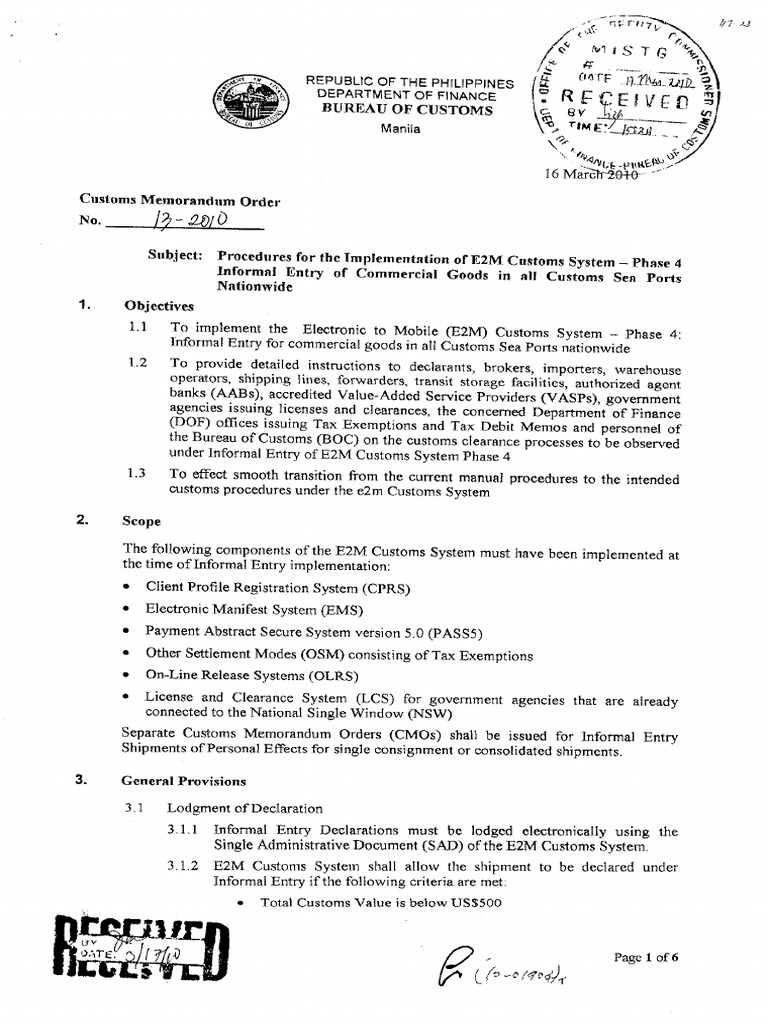 CMO 13-2010 Phase 4 - Implementation of Informal Entry | PDF