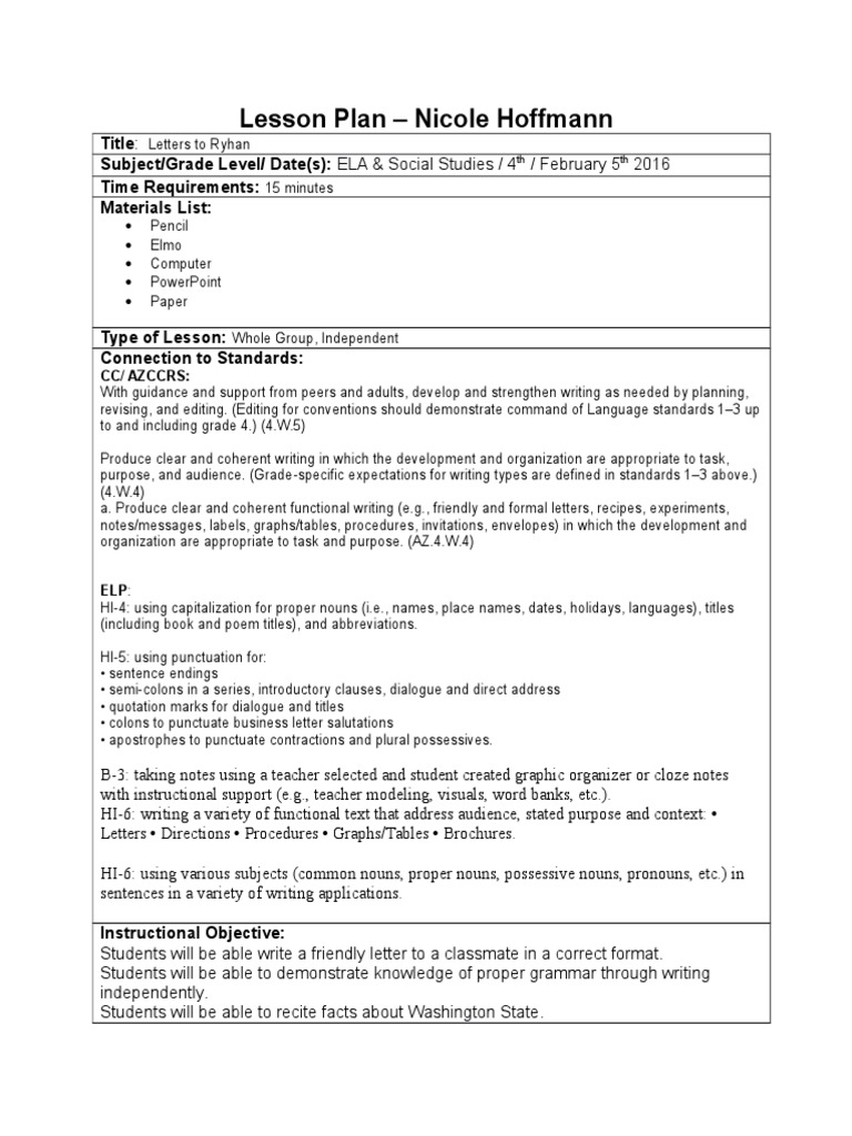 Lesson Plan Letter Writing Question Communication