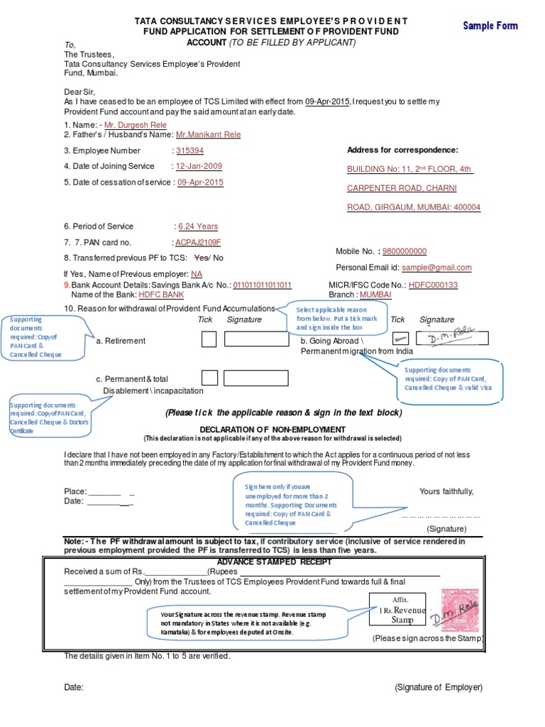 Artifact 5a Guidelines for Filling PF Withdrawal Form TCS Cheque