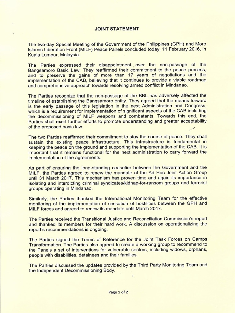 2016-02-11 Joint Statement GPH-MILF Special MTG Feb10-11 | PDF