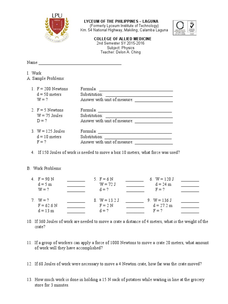 worksheet Power To A Power Worksheet work and power worksheet 1 key with problems precommunity printables worksheets