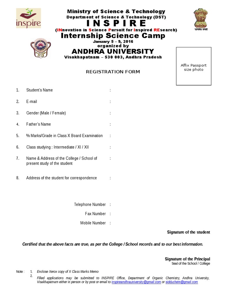 INSPIRE Internship Registration Form | PDF