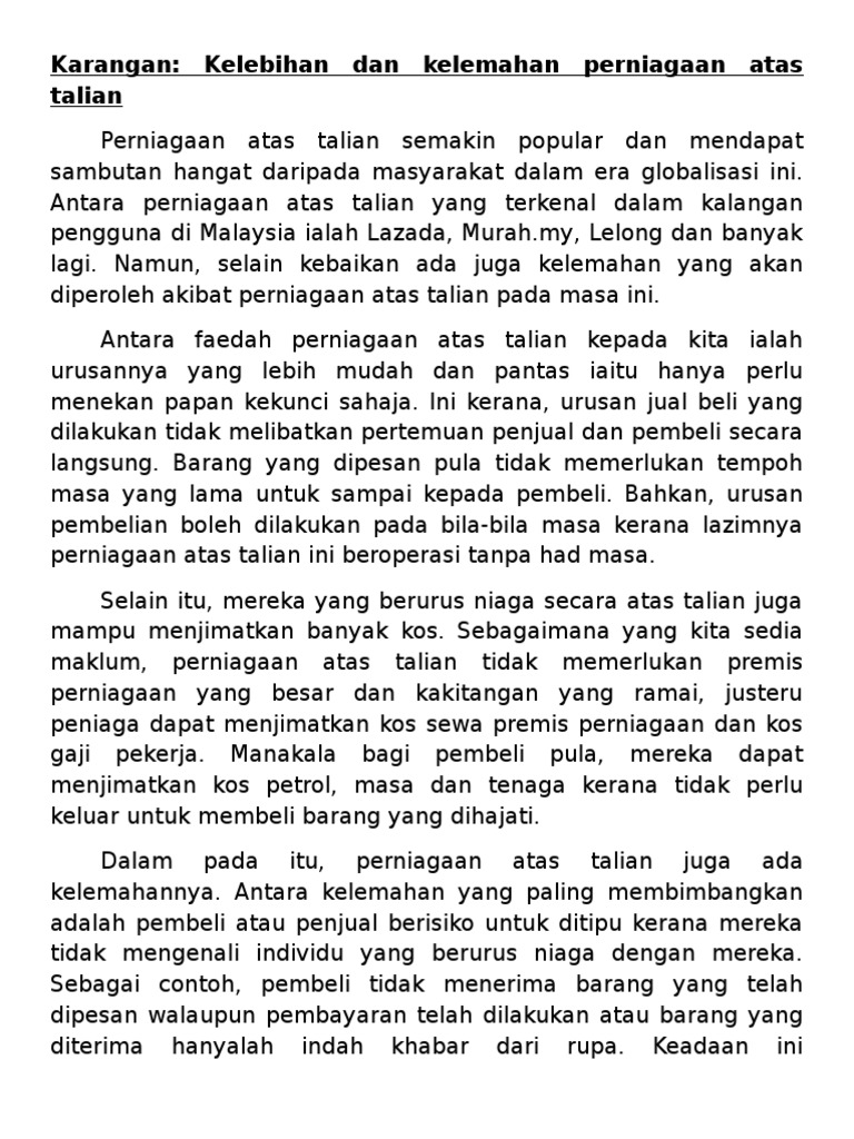 Karangan Kelebihan Dan Kelemahan Perniagaan Atas Talian Pdf