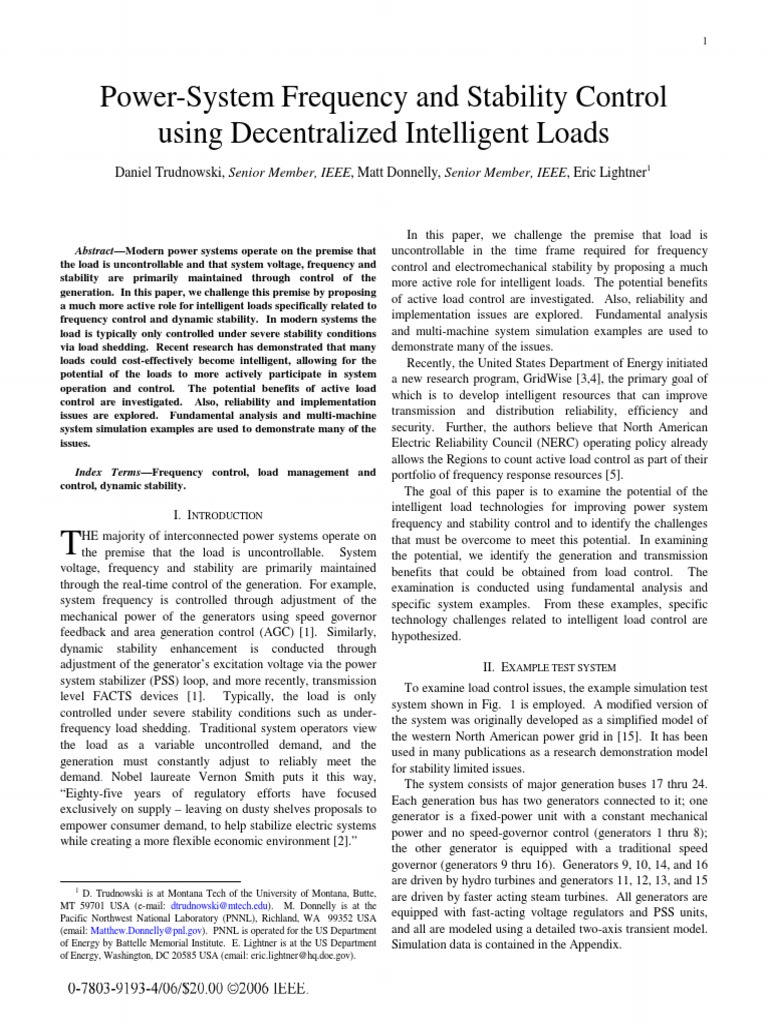 Power-System Frequency and Stability Control Using Decentralized ...
