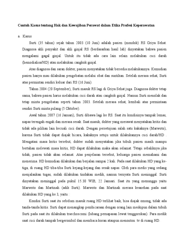 Contoh Kasus Tentang Hak Dan Kewajiban Perawat Dalam Etika