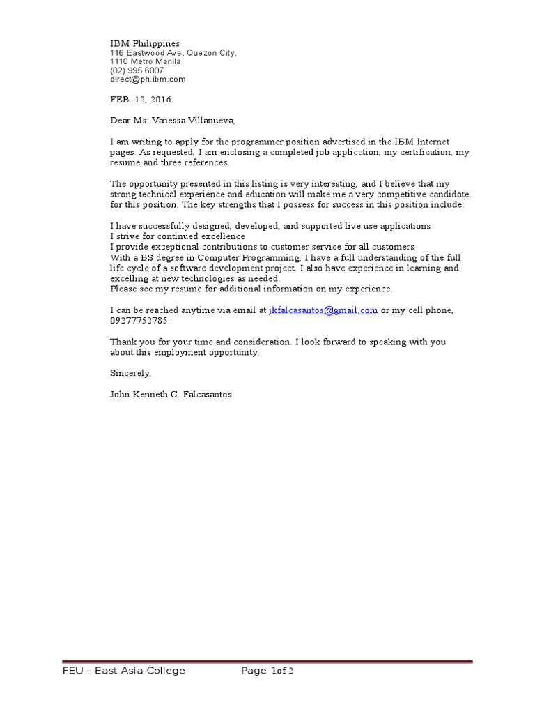 Programmer Job Application Letter | PDF