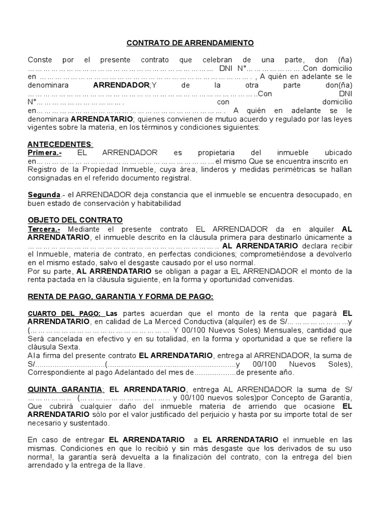 Modelo De Contrato De Arrendamiento Docx Alquiler Pagos Prueba